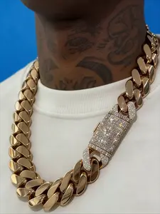 Hip Hop Luxury 22mm Chilled Full Diamond Button Head Hip Hop Inlaid Lock Gold Plated 25mm Wide Miami Cuban Chain 925 Luxury Style Men's Chain Cuban Chain Necklace Jewelry Boutique Jewelry