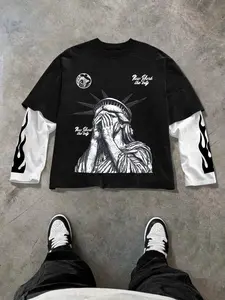 Men's Casual Loose-Fit Colorblock Patchwork Tee, Artistic Graphic Print, All-Season Streetwear, Unisex Fashion for Daily Wear