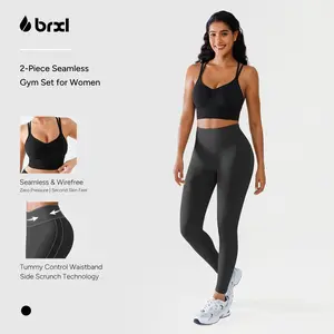 BRXL Women's 2-Piece Seamless Gym Activewear Set - Buttery Soft Scrunch Leggings (Sporty Bottoms), Double Strap Sports Bra, Tummy Control, Sporty Sports Bottoms