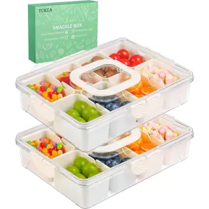 2 Pack Snackle Box Container Divided Serving Tray with Lid and Handle Dishwasher Safe Portable Charcuterie Board Clear Organizer for Fruits Snacks Perfect for Road Travel
