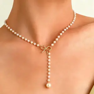 New imitation pearl bow long fringed necklace, women's black and white bead collarbone chain necklace, gift for friends, jewelry