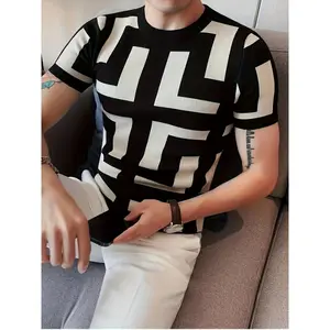 Lightweight Feel |   Men's Slim Fit Short Sleeve Knit Sweater - Casual Geometric Pattern Pullover, Red & Black Knit Top For Summer,  Lightweight & Breathable Fabric, Pullover Top |   Geometric Pattern Sweater |   Comfortable Wear Fathersdaygift Shortsleev