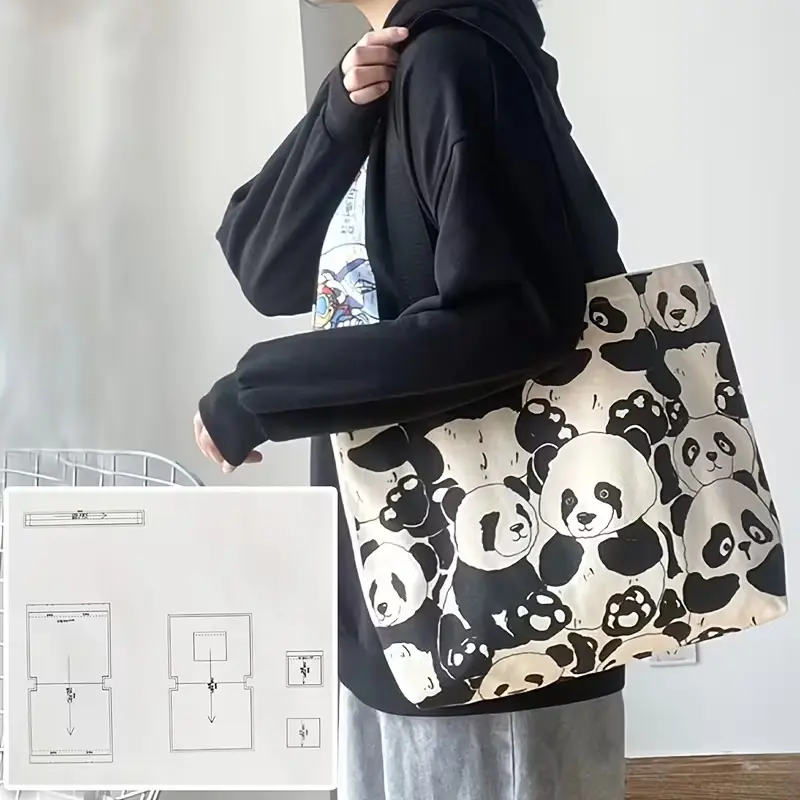 1:1 Scale Panda Printed Tote Bag Sewing Template Paper Pattern - Suitable for Handmade Canvas Bags, DIY Craft, Paper Prototype for Beginners, Ideal Gift for Sewing Enthusiasts, Compatible for Shoulder Tote Bag Designs