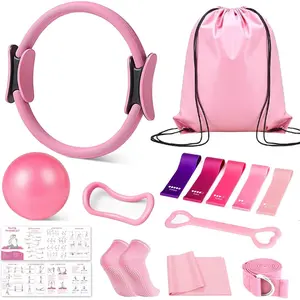 Pilates Kit for Women, Essentials Pilates Equipment Set with 14'' Pilates Ring and Mini Ball, 5 Resistance Bands & Accessories, Tutorial Charts, Pilates Ring Set for Beginners Workout at