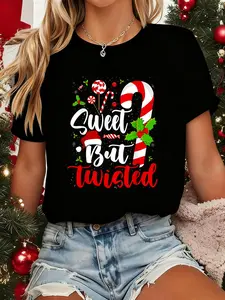 100% Cotton Unisex Graphic T-Shirt Candy Cane Christmas Short Sleeve T-Shirt, Graphic Tees Women
