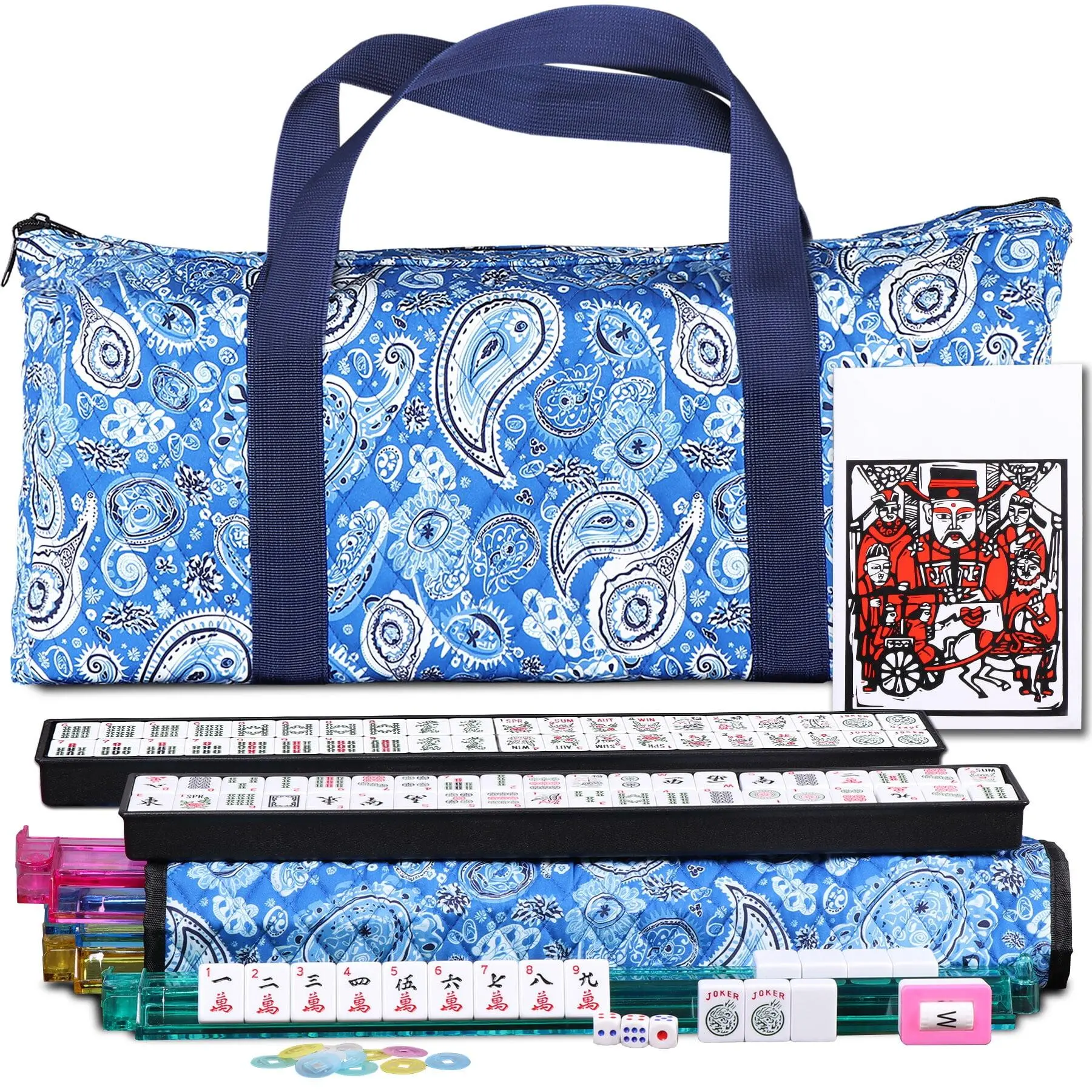LEMY American Mahjong Game Set, 166 Premium White Standard Tiles, 4 Functional All-in-1 Racks with Pushers, 8.38 lbs Mahjong Tile Set with Blue Carrying Bag