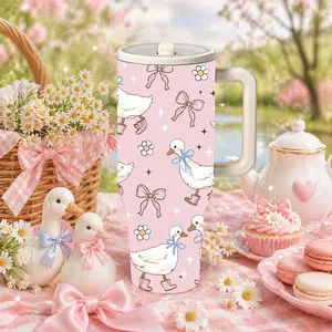 1 Pc 40oz insulated, Stainless mug with pink duck bow print, cartoon thermal cup with handle and straw lid, double wall vacuum design, leak-proof, large capacity for hot cold drinks, daily commute, office, home, birthday holiday gift for women men