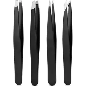 Tweezers Set, High Precision Stainless Steel Eyebrow Tweezers for Facial Hair, Inward Growing Hair and Splinter Remover Kit, Suitable for Women and Men, 4-Piece Set. (Black)
