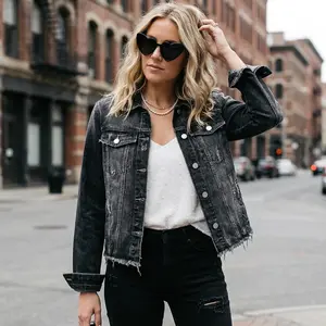 Women's Plus Size Black Ripped Denim Jacket - Oversized Casual Streetwear Coat with Button-Up Front, Flap Pockets & Lightweight Mid-Length Design | Spring/Fall/Winter Outerwear | Non-Stretch Denim Fabric | Versatile Everyday to Semi-Formal Style