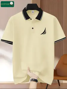 Men’s summer casual printed cotton short-sleeve polo shirt, classic retro style, lightweight and versatile for sports, outdoor activities, and fashion golf wear; trendy black short-sleeve design—an ideal gift for men.