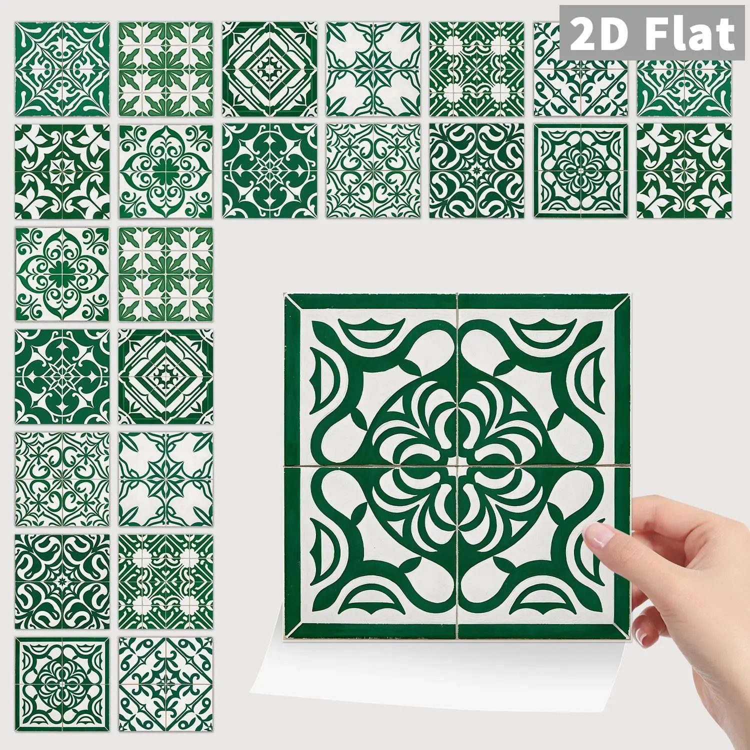24PCS/Box NHZ Dark Green Retro Carved Patchwork Wall Stickers | Crystal Film Peel & Stick Splash Guard | Waterproof Oil-Proof for Kitchen Bathroom Furniture Stairs Tile Sticker Home Decor