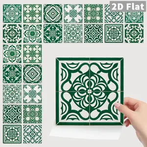 24PCS/Box NHZ Dark Green Retro Carved Patchwork Wall Stickers | Crystal Film Peel & Stick Splash Guard | Waterproof Oil-Proof for Kitchen Bathroom Furniture Stairs Tile Sticker