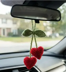 Handmade Cherry Heart Crochet Car Hanging, Rearview Mirror Decor