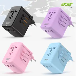 Acer Christmasparade Universal 12 in 1 Travel Adapter With 5 USB Ports (3 USB C), 100-250V Input & 29W Output, US/EU/UK/AU Plugs, International Power Adapter, Worldwide Outlet Charger For USA To European UK France Germany Spain, Black，Pink，Blue，Purple