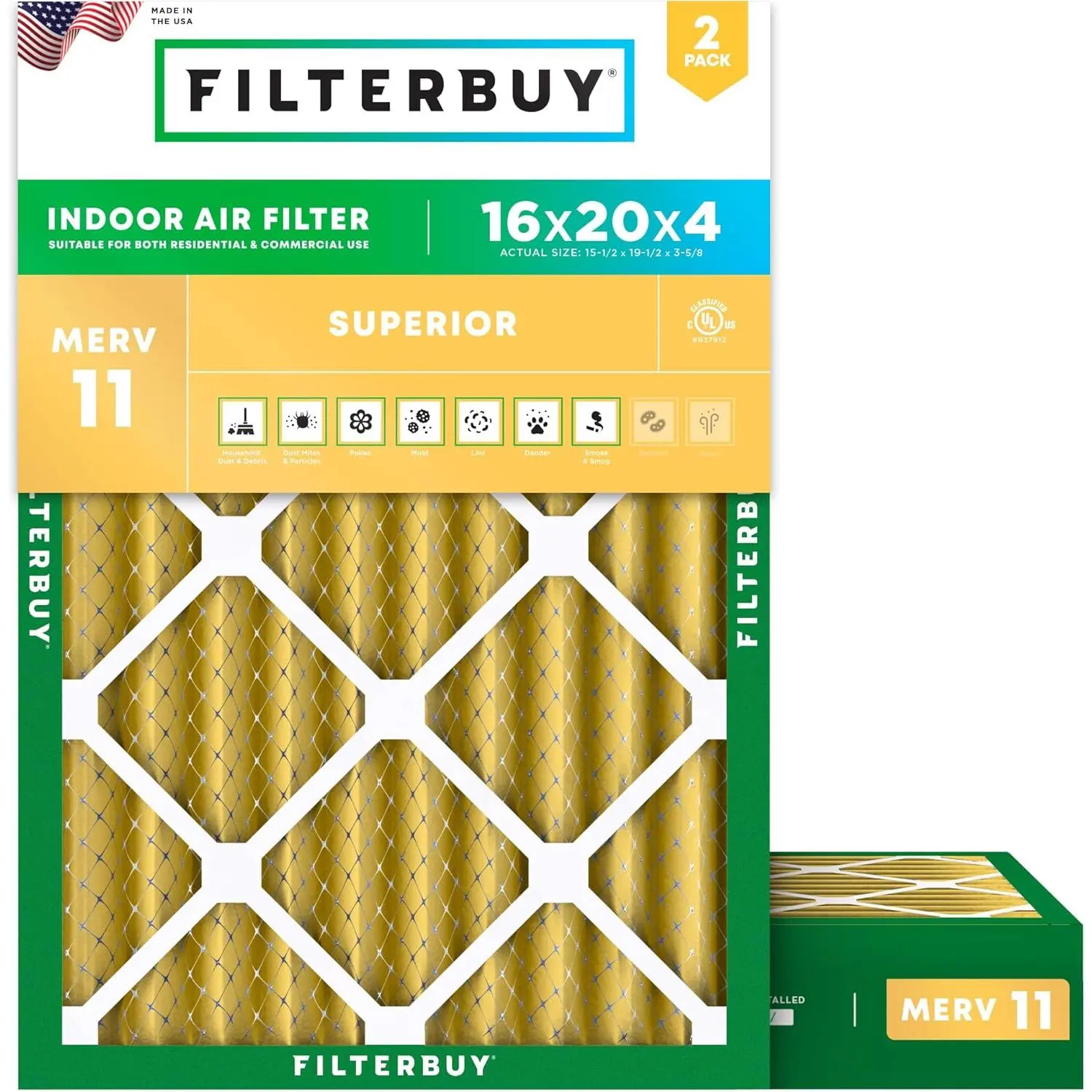 Filterbuy Rectangular 16x20x4 Pleated Electrostatic Air Filter (2-Pack) - MERV 11 Eco-Friendly Synthetic Media Allergen Trap, HVAC AC Furnace Replacement Aircon Accessories (Actual Size:15.50x19.50x3.63 in)