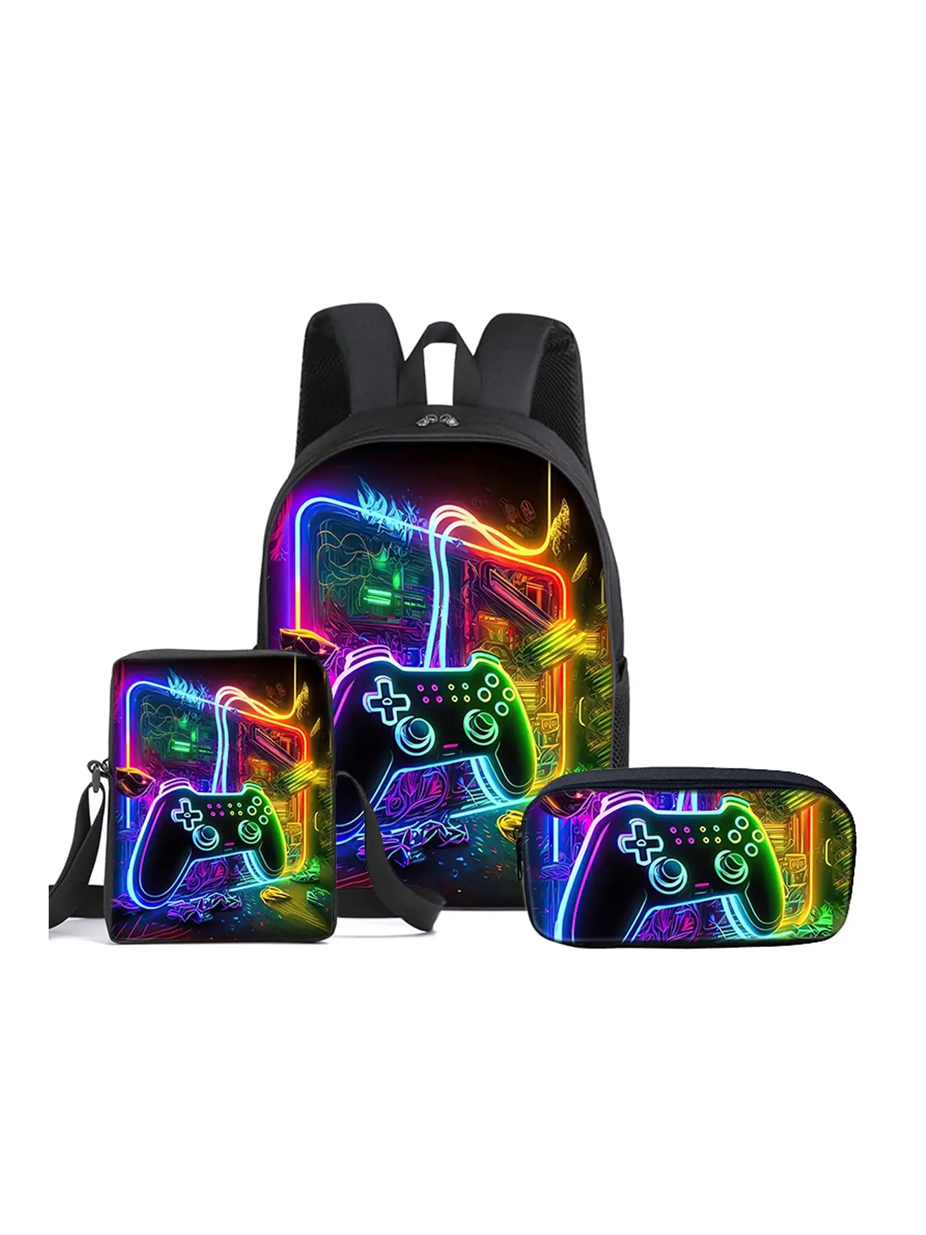 Gamepad Gaming Neon Pattern printed 16-inch backpack three-piece set (single-layer backpack + small shoulder bag + single-layer pencil bag)