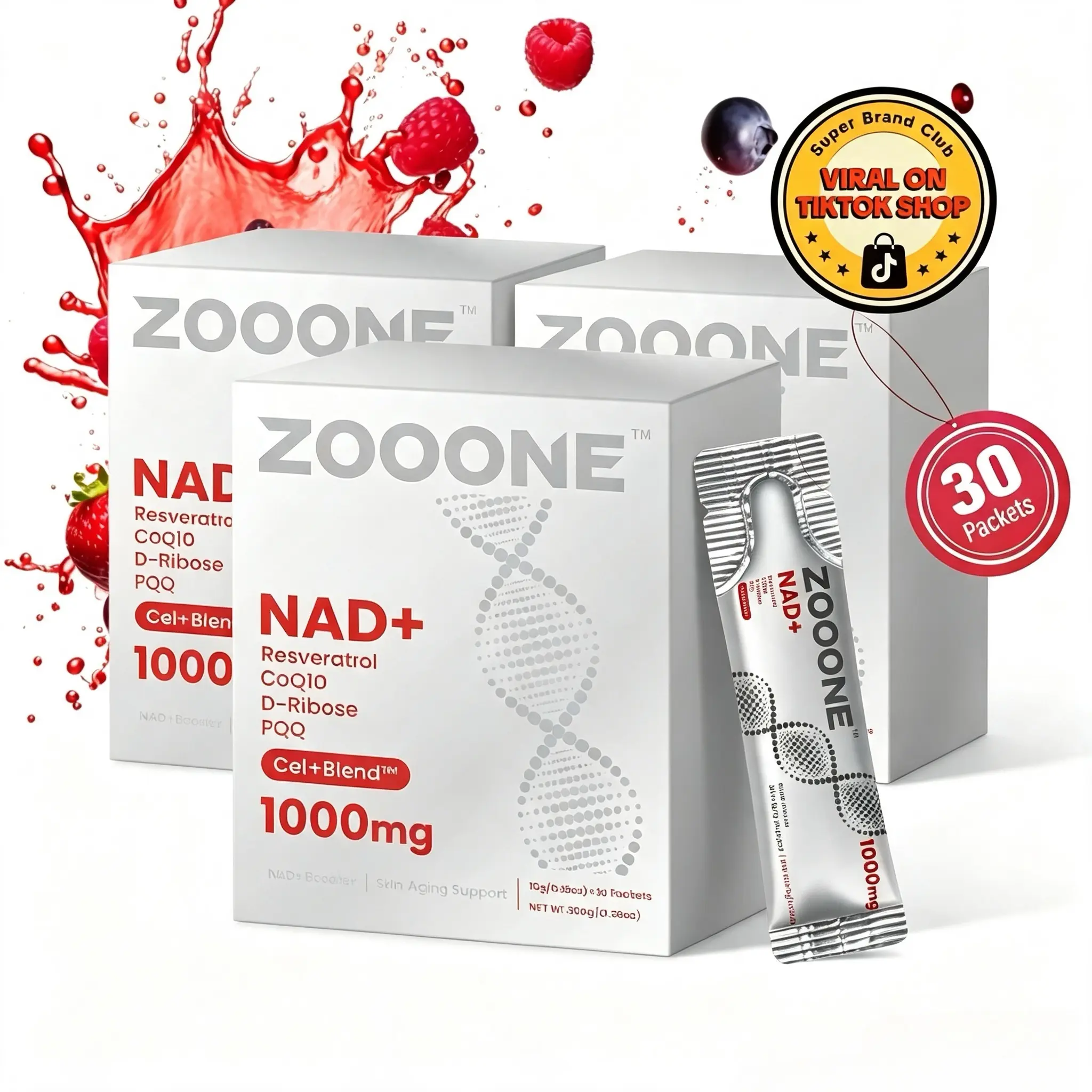 FLASH SALE-ZOOONE NR1000 - NAD+ Berry - Infused Drink Mix: Aids Skin Aging, Boosts Energy & Focus - 30 Pack - Daily Health Essential-T1