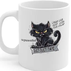 Fun Angry Black Cat Coffee Mug with "Duct Duct Tape" Quote – Hilarious Gift for Cat Lovers, Dishwasher & Microwave Safe, 325ml – MG6655