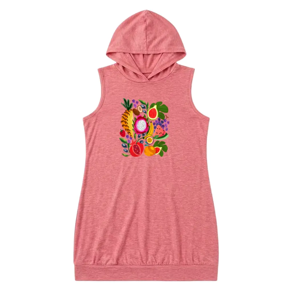 Vintage-Inspired Women’s Hooded Tank Dress with Tropical Fruit Graphics – Pineapple, Dragonfruit & More, Perfect for Casual or Party Wear with All-Season Breathable Comfort