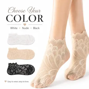 Women's 5-Pair Black Lace Compression Ankle No Show & Liner Socks - Cute Floral, Soft, Comfortable, Mesh, Breathable Sheer Look, Elegant Scallop Design, Elegance, Style, Fit for Loafers, Flats, Mary Janes, Ideal for Valentine's Day, Children's Day Womensw