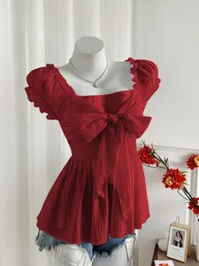 Sweetra Women Chiffon Blouse Bowknot Short Sleeve Lightweight Flowy Casual Summer Outfit