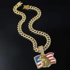 Gold Eagle Pendant Chain with American Flag – Iced Out Cuban Link Necklace