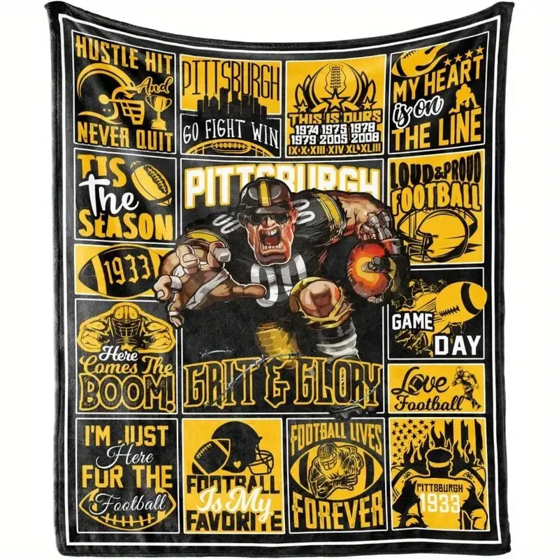 Retro Vintage Pittsburgh Football Themed Flannel Throw Blanket - 280GSM Digital Print Knit Polyester, Super Soft Cozy, Bed & Couch Use, Home/Room/House Decor, Sports Fan Gift for Men Women, Room Decor, Football Prints,circus sohochic