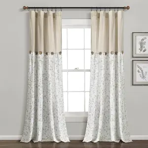 Lush Decor Faux Linen Button Botanical Garden Single Window Curtain Panel - Sold Individually - 40"W x 84"L with Floral Print & Button Detail for Farmhouse Style - Interior Decoration Accessories