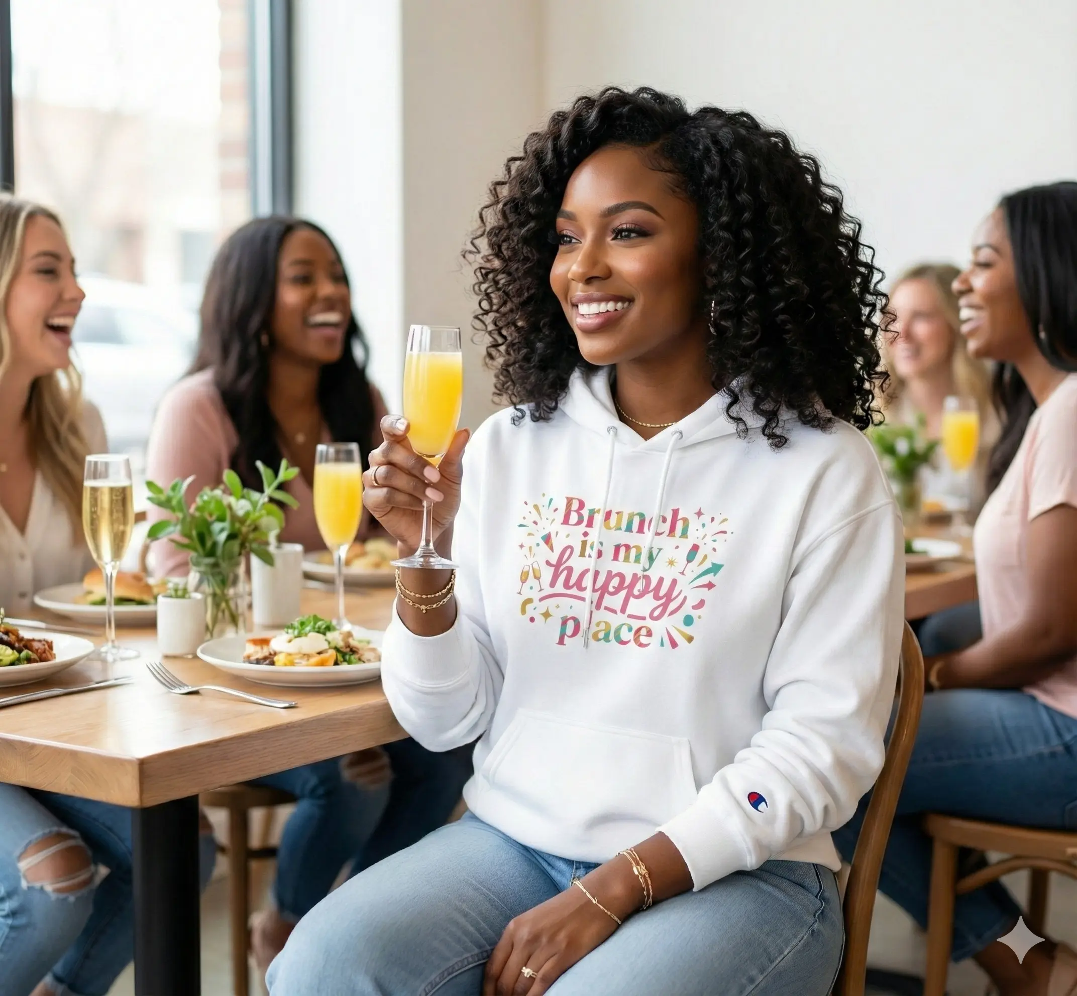 Brunch Is My Happy Place Champion Hoodie | Colorful Lettering, Cozy Pullover, Adjustable Hood + Kangaroo Pocket