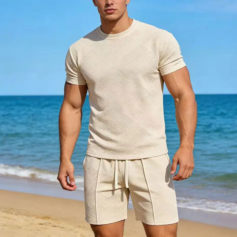 Men’s summer streetwear  featuring a loose, casual fit—short-sleeve T-shirt and shorts paired together. A waffle-textured, premium look with a bad-boy cool vibe, suitable for leisure, sports, and everyday commuting. Tropical men 2 piece sets, Menswear, Sh