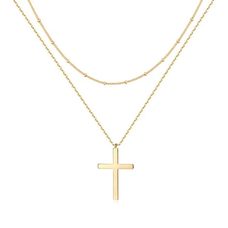 European and American Fashion Daily Jewelry Cross Pendant Double Layer Stacked Necklace Niche Personality Side Diamond Cross Choker
