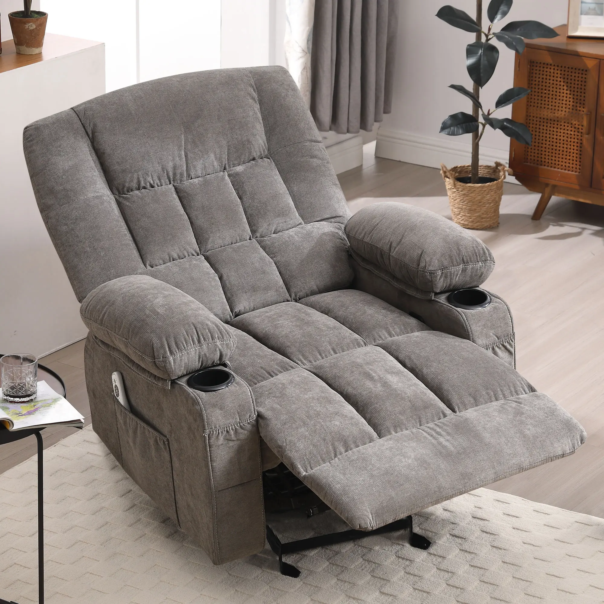 JONPONY Recliner Chair, Swivel Rocker Recliner Chair for Adults, Upholstered Manual Recliner with Side Pockets,Massage Swivel Rocker Recliner Chair for Living Room, Grey