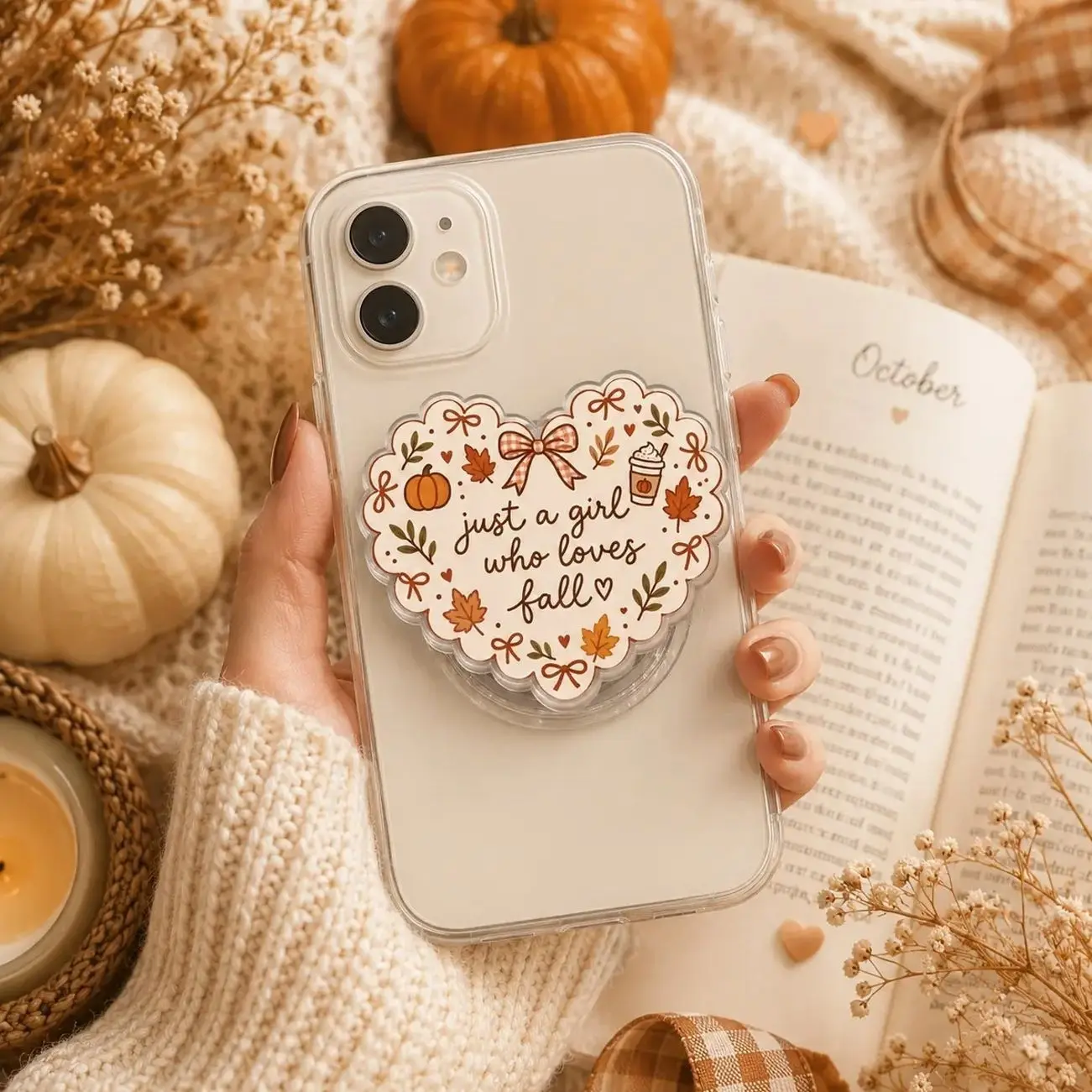 Cute Fall Girl Heart MagSafe Phone Grip – “Just a Girl Who Loves Fall” Acrylic Magnetic Phone Holder & Kickstand – Pumpkin Coffee Maple Leaf Autumn Gift for Women