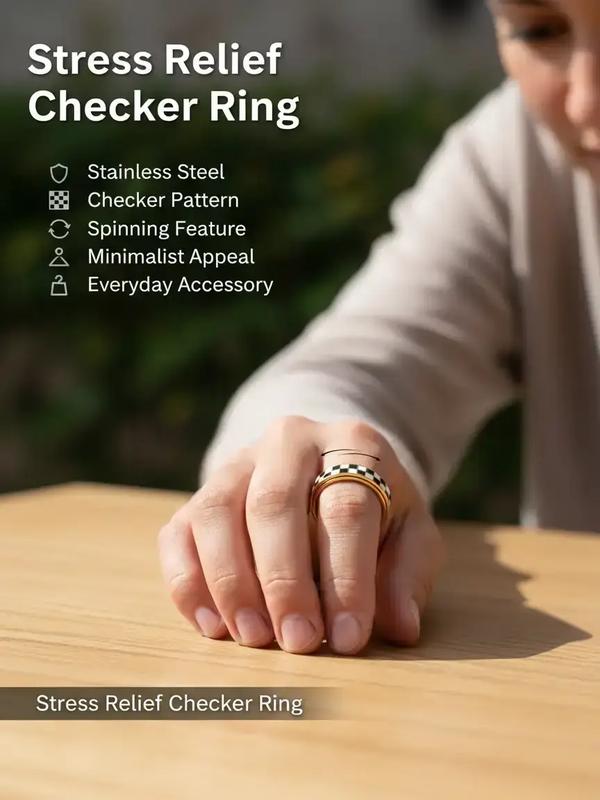 Stainless Steel Checkered Rotating Stress Relief Adjustable Ring, Unisex Casual Daily Wear, Simple Chessboard Design Jewelry