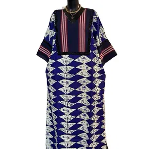Luxury Cotton Ankara Bubu Dress with Pockets and Head Wrap in Blue and White Geometric Print Casual Breathable