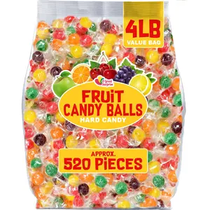 Hard Candy Fruit Balls - 4 Pounds - Fruity Sour Balls - Classic Hard Candies for Office, Desk, Calssroom - Colorful Variety Candy Suckers - Assorted Flavors Orange, Lemon, Grape, Green Apple, Cherry