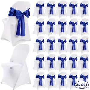 50 Pcs Folding Chair Cover Set with 25 Stretch Spandex Chair Slipcovers 25 Satin Chair Sashes Bows Chair Ribbon Washable Banquet Chair Protector for Wedding Event (White, Royal Blue)