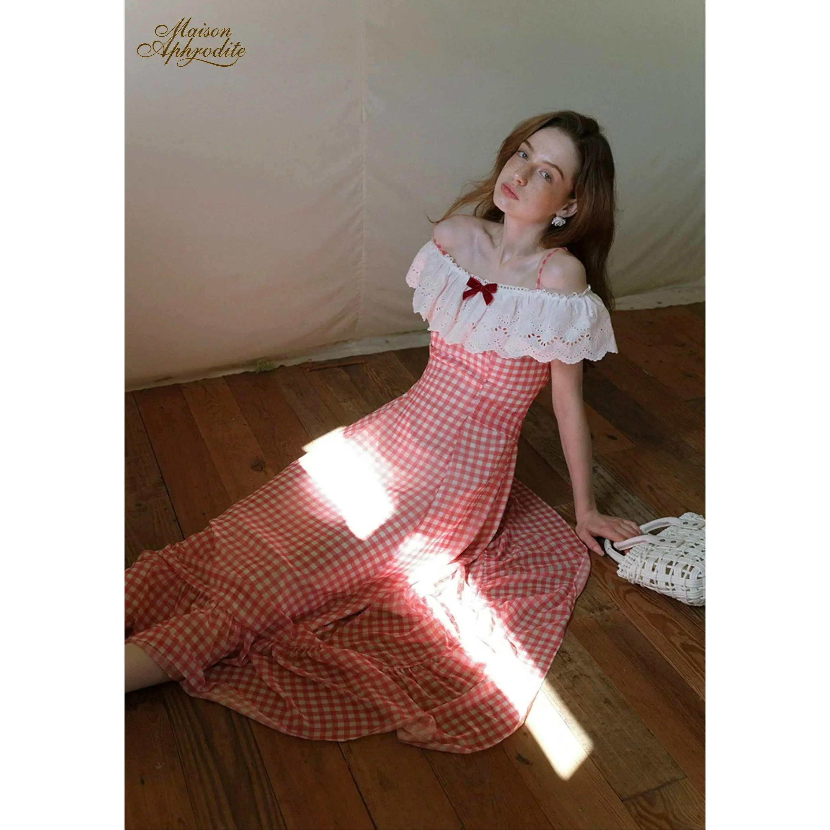 Women's Vintage Polyester Awakening Rose Plaid Maxi Dress, Pullover Style, Feminine Drape Casual Dress, Breathable