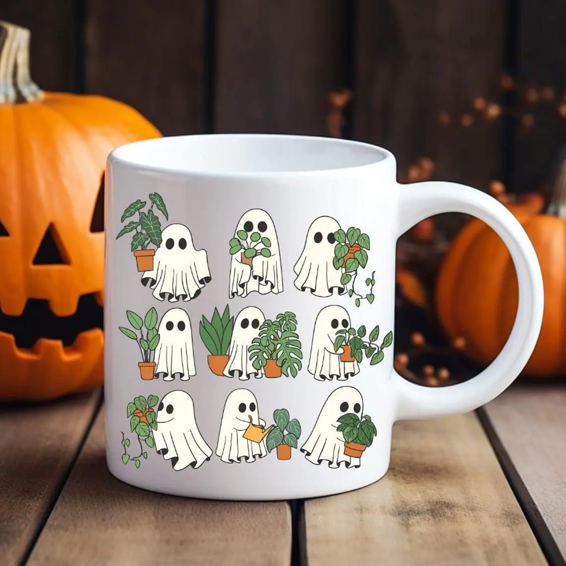 Super Cute Ghosts Ceramic Mug, Adorable Halloween Coffee Cup, Plant Lover Gift, Coquette Tea Mug, Coquette Ghost Plant Mug