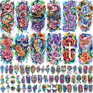 65pcs of Watercolor Tattoo Stickers: Roses, Compass, Owl, Blue Tribe, Skull, Tiger, Angel, and More for Women'S Arms and Shoulders