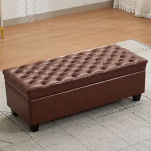 Ottoman Bench 51-inch Faux Leather Storage Cabinet | Padded Rectangular Footstool with Safety Hinges | Modern Entryway & Bedroom Bench | Elegant Black