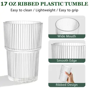 RÉΑLWÁY 17oz Ribbed Acrylic Drinking Glasses, Unbreakable Plastic Tumblers – Dishwasher Safe, Clear Stackable Cups for Kitchen, Reusable Drinkware – Set of 4