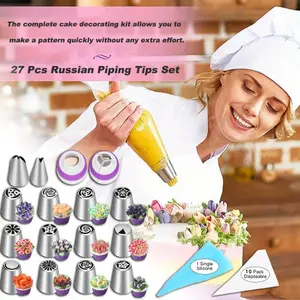 27 PCS Decorating Nozzles Stainless Steel Squeeze Nozzles Set Disposable Plastic Bags and Silicone Couplers Cakes and Cups Seamless Icing Nozzles for Decoration Baking Tools and Accessories