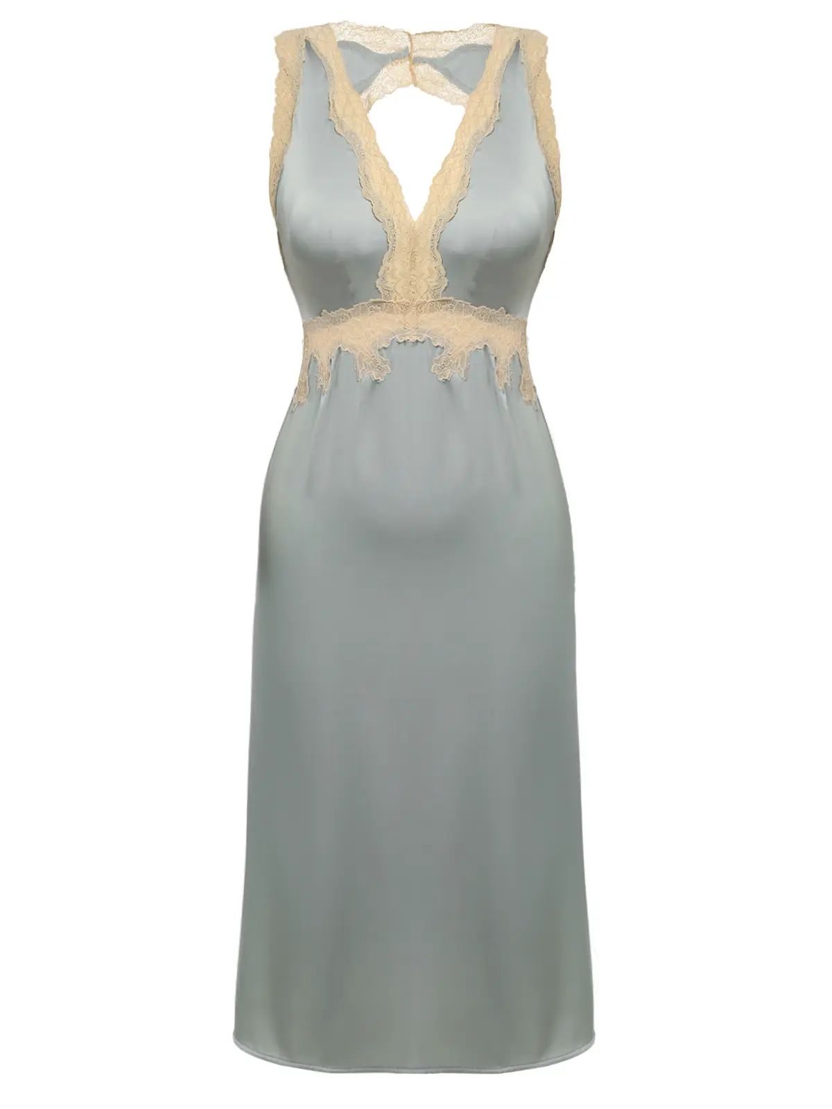 RETRO STAGE Women's Elegant Satin-Lace Sleeveless Backless Midi Nightdress with Cutout Design - Satin Fabric Nightwear for Date Night, Formal Occasions, Satin Fabric Nightdressessummer outfits Womenswear Gray Blue BackToSchool