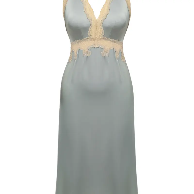 RETRO STAGE Women's Chic Elegant Satin-Lace Sleeveless Backless Cutout Midi Night Gown - Satin Sleepwear for Date Night, Formal Occasions - Gray Blue Summer Outfit