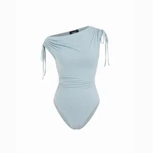 Cider Textured Cowl Neck Drawstring Ruched Sleeveless Bodysuit Minimalist Light Blue