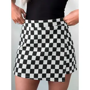 Black checkered print overlap denim shorts, a flattering mini length that enhances legs while maintaining easy movement.