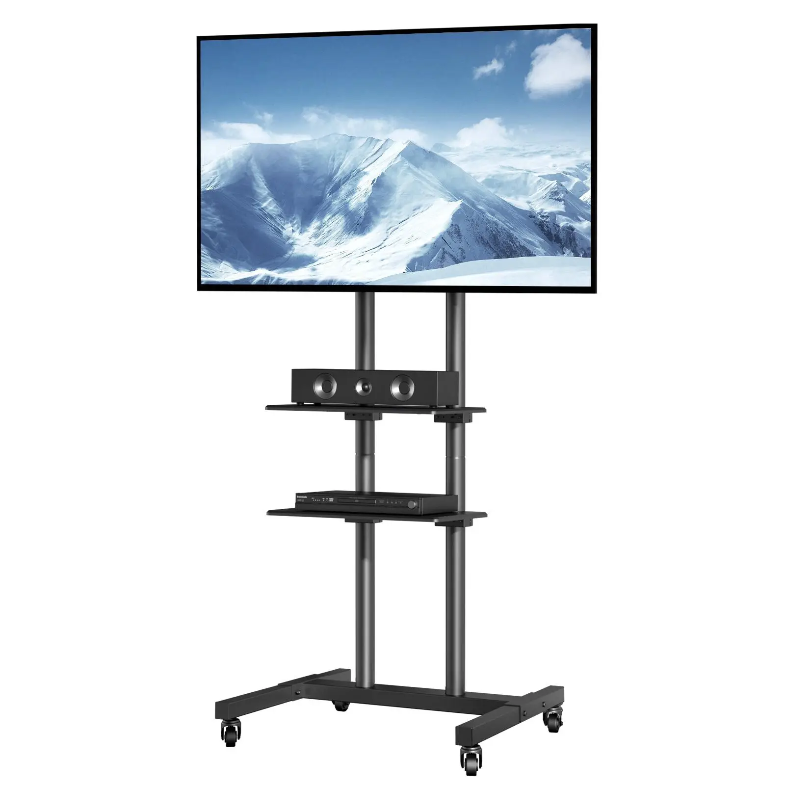 VEVOR Mobile TV Stand, Mobile TV Cart for 32 to 70 inch TVs, Height Adjustable Portable TV Stand with Wheels, Double Tray for Audio-Visual Devices, Ro