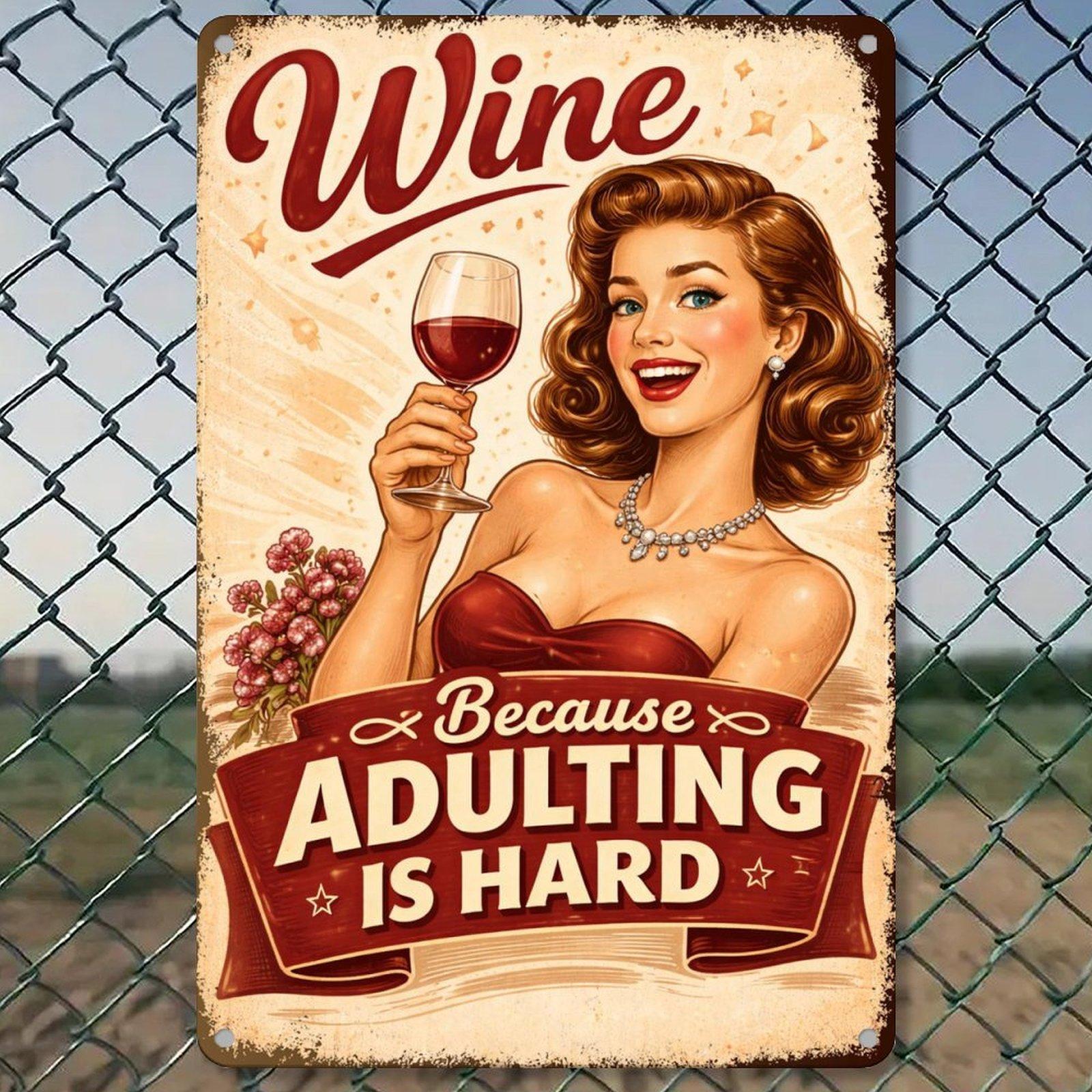 Funny Wine Metal Sign 8x12 Inch Vintage Retro Wall Decor “Wine Because Adulting Is Hard” Kitchen Bar Decor Gift for Women Wine Lovers