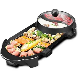 Hot Pot with Grill, Korean BBQ Grill Indoor Hotpot Pot Electric Combo, Shabu Shabu Pot with Divider KBBQ Grill  Non-stick Separate Dual Temperature Control, for 2-12 People, 110V